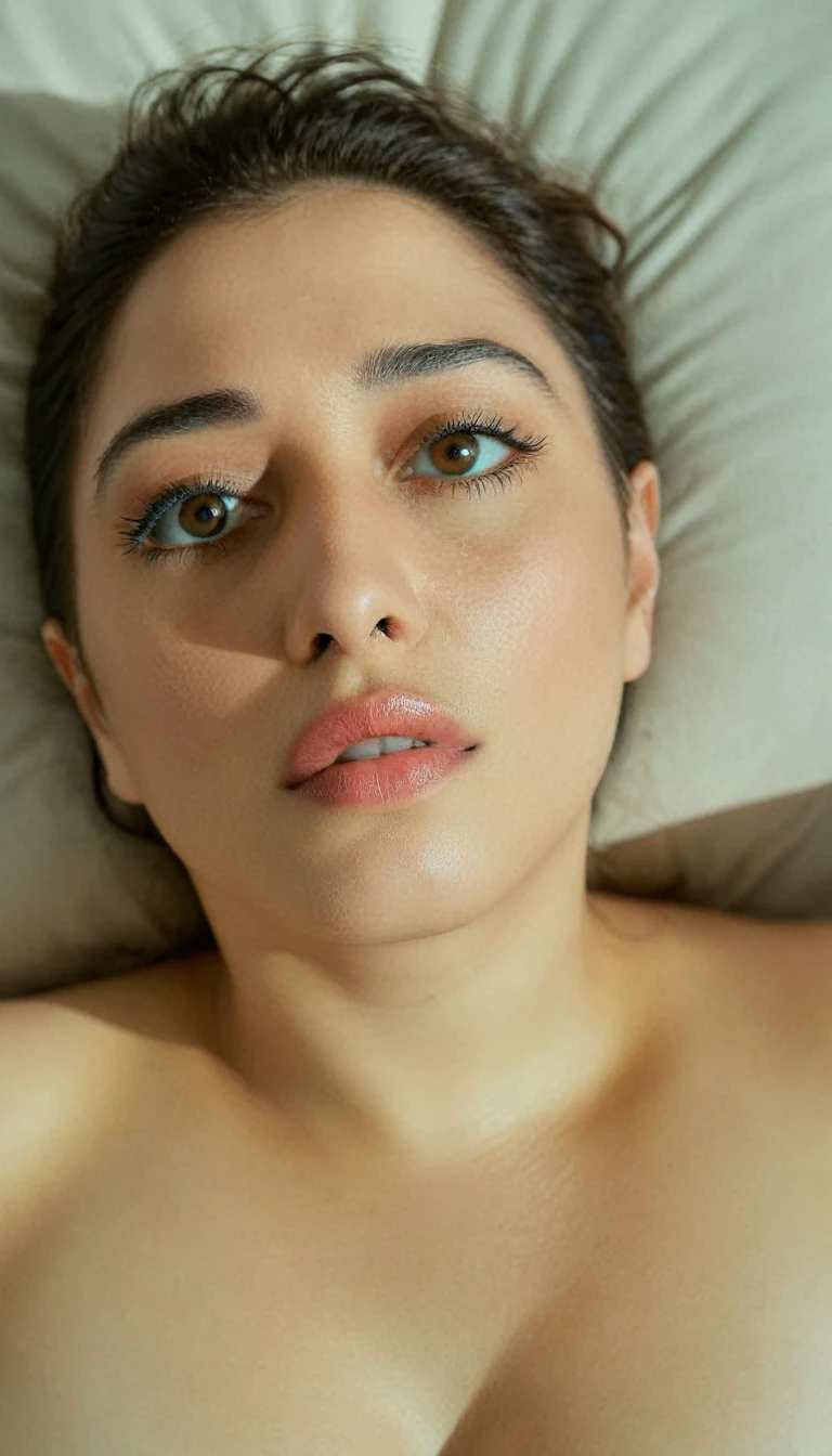 Night time,less light ,face filled with cum,slender,Top down view, lying in bed, close up bodyshot photo of a shraddha kapoor in bed naked looking at viewer while being fucked, free hair, masterpiece, 33 year old woman, while fucking, looking at viewer, showing her breast and navel, milf, closeup, free shaggy hair, no makeup, big cheeks