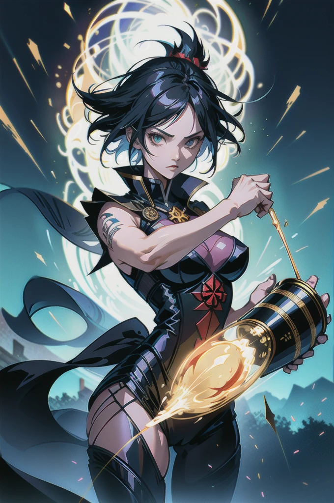 liang xing style a sarada death note bright winter clothes holds in her hands a glass vessel with adaga magic in it, the folhas negras glow with a magical gold black light, an aura of black darck magic, the dark petalas de rosas style, pronounced lines of the design, an atmosphere of mysticism, concept art, soft, sharp focus, illustration, , high definition digital art, dramatic lighting, high quality ,(action pose ),pronounced contour pattern