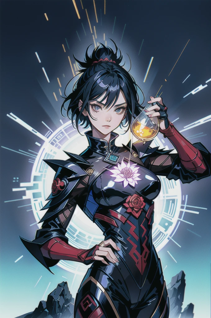 liang xing style a sarada death note bright winter clothes holds in her hands a glass vessel with adaga magic in it, the folhas negras glow with a magical gold black light, an aura of black darck magic, the dark petalas de rosas style, pronounced lines of the design, an atmosphere of mysticism, concept art, soft, sharp focus, illustration, , high definition digital art, dramatic lighting, high quality ,(action pose ),pronounced contour pattern