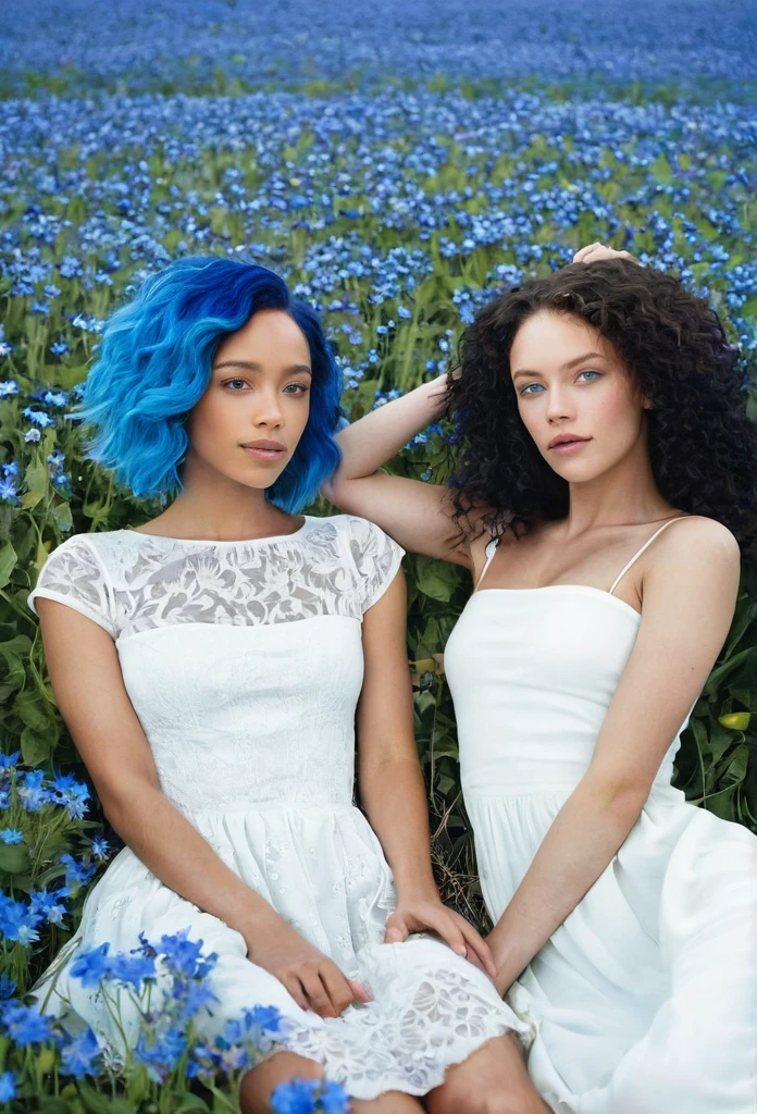 1 biracial women with blue hair and blue eyes with 1 white woman in dress, lay in a field of blue flowers