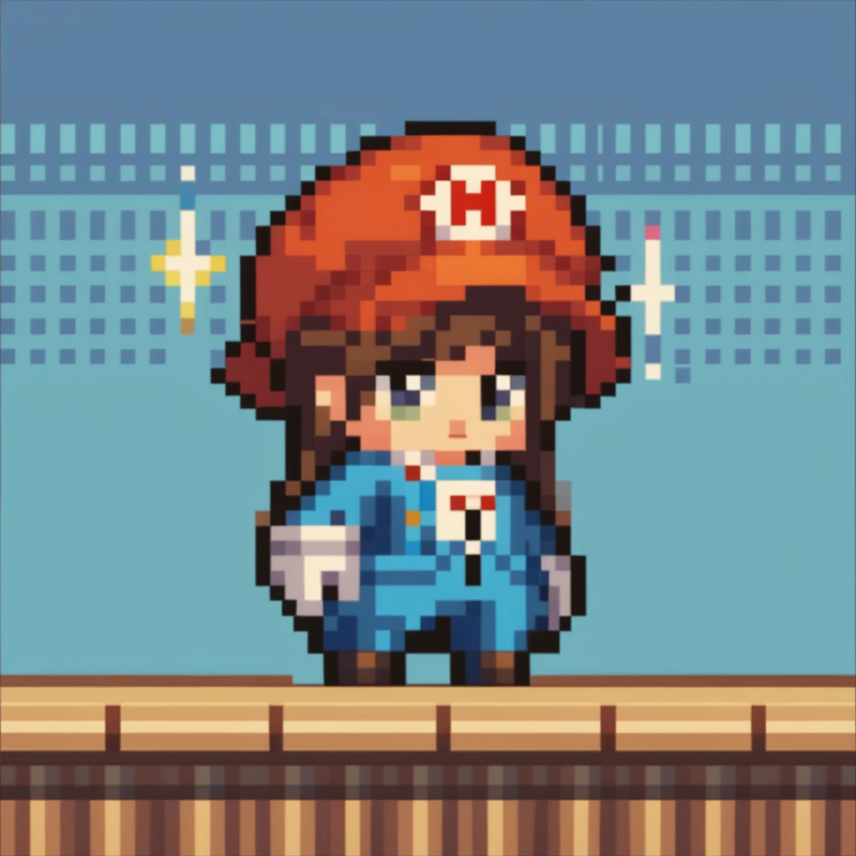 ART pixel, 8bts, 1 young boy, chibi, pixel art, whole body, IncrsMario, Mario, Red Hat, blue jumpsuit, whitegloves, long sleeves