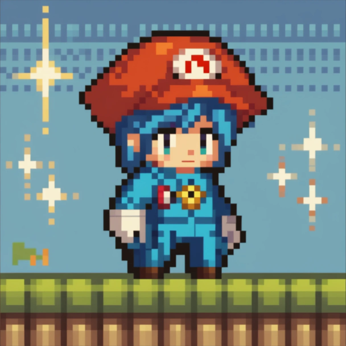 ART pixel, 8bts, 1 young boy, chibi, pixel art, whole body, IncrsMario, Mario, Red Hat, blue jumpsuit, whitegloves, long sleeves