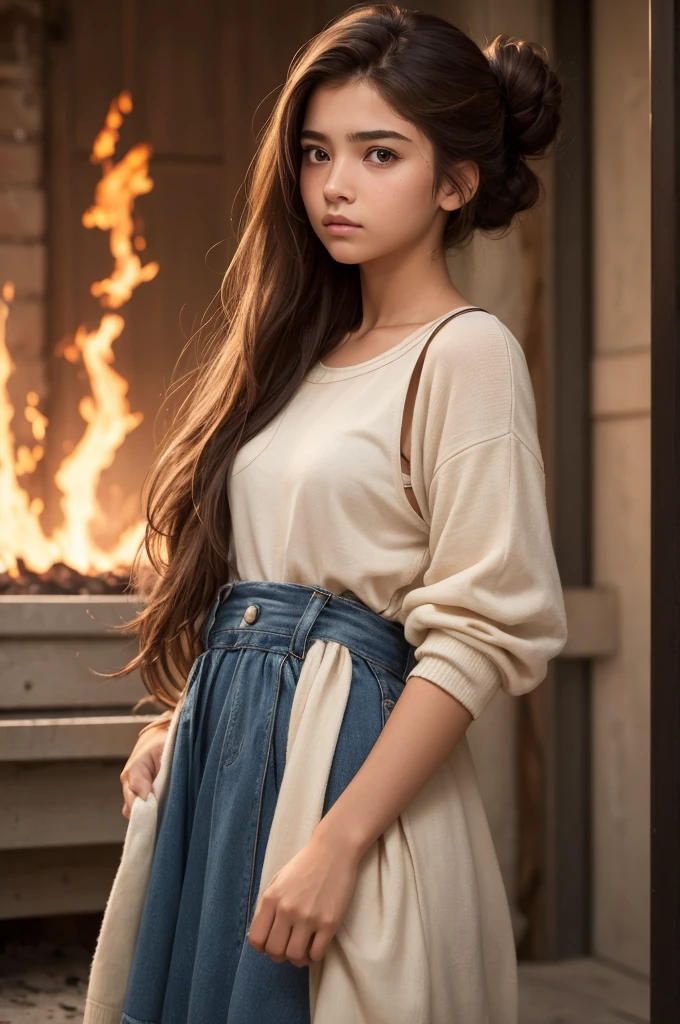 ((best quality)), ((masterpiece)), (detaile), A teenage girl with brown hair that reaches just above her shoulders | brown eyes with almond shapes, She is Latina and has tanned skin | his clothes are typical of clothes worn by young people in dystopian universes | She wears half of her hair in a low bun and the other large half is loose at the back of her neck.. She is tired, with a neutral expression looking towards something like fire. She's in a helicopter and it's very windy.