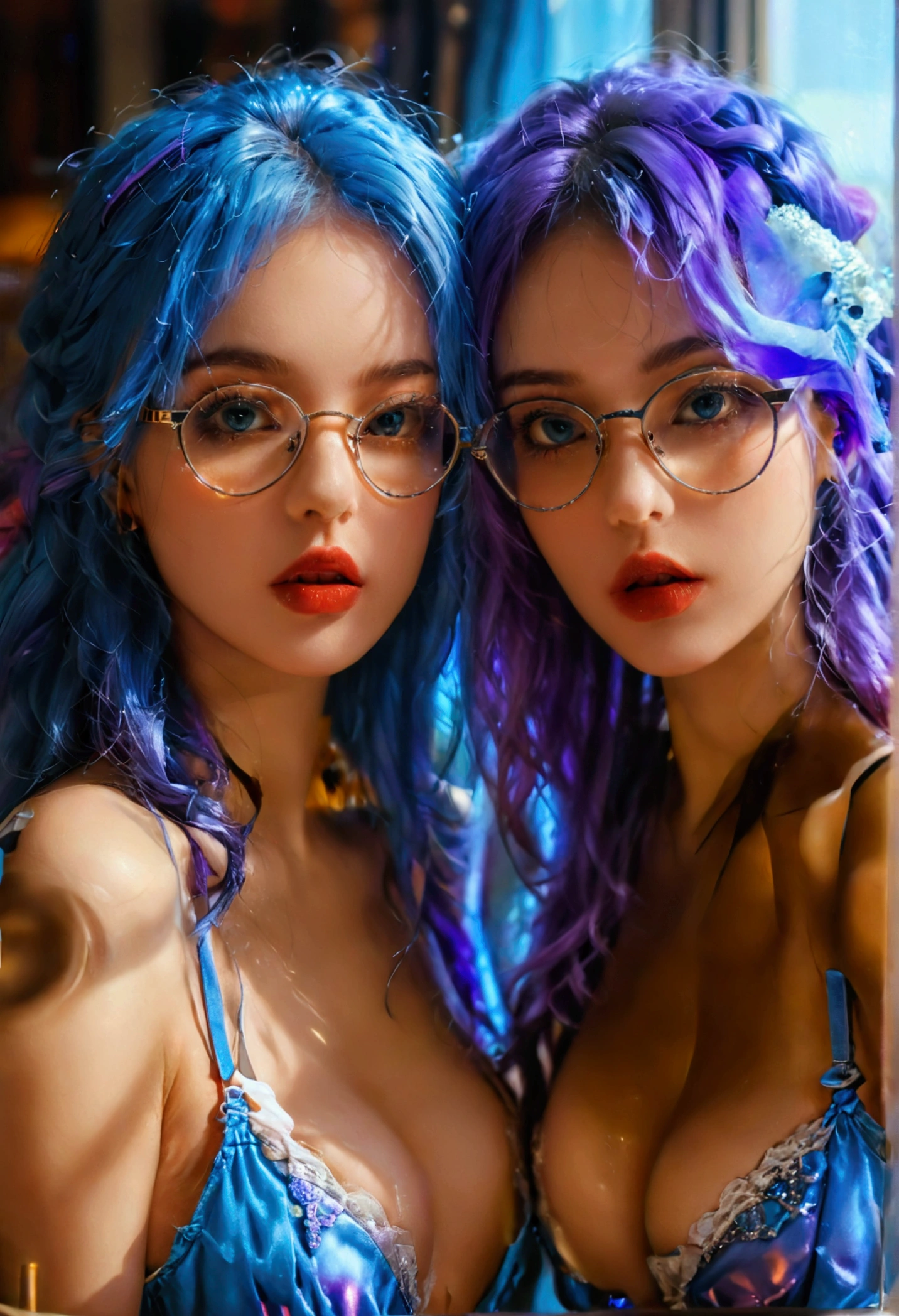 (best quality,4k,8k,highres,masterpiece:1.2), (nsfw:1.2), Two women in sexy lingerie take a selfie in the mirror, posing together kissing eachouter, a mature wizard woman with blue hair, and a nerdy girl with glasses with very purple hair beautiful detailed eyes,beautiful detailed lips,long eyelashes,extremely detailed face,nude,curvy figure,big ,slender waist
