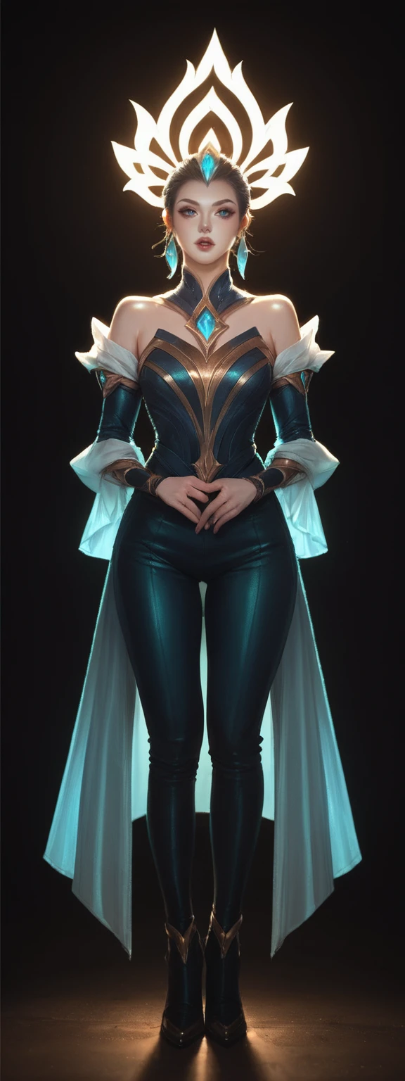 realistic, score_9, score_8_up, score_7_up, score_6_up, 
1girl, solo, from front, full body, Xerath \(league of legends\),  black background, makeup, sidelighting, backlighting, glowing,