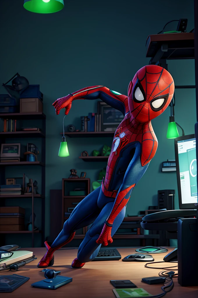 Spider-Man working on the computer, with blue and green lights, professional photo, winning photo, 8k