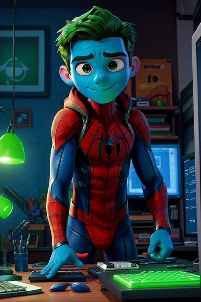 Spider-Man working on the computer, with blue and green lights, professional photo, winning photo, 8k