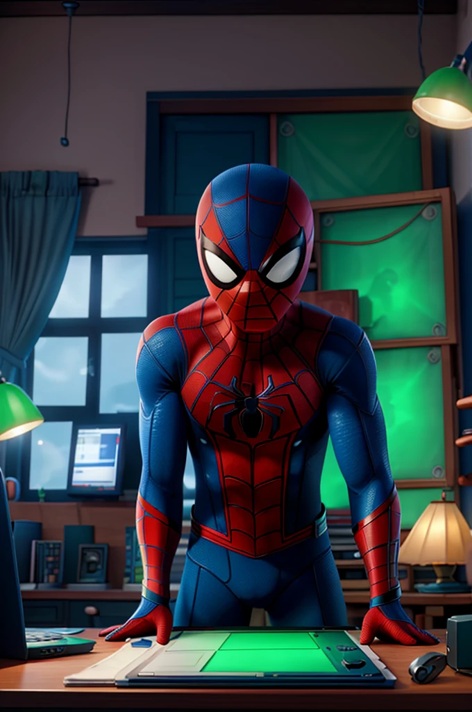 Spider-Man working on the computer, with blue and green lights, professional photo, winning photo, 8k