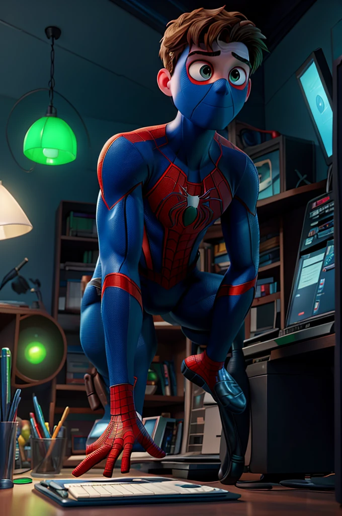 Spider-Man working on the computer, with blue and green lights, professional photo, winning photo, 8k