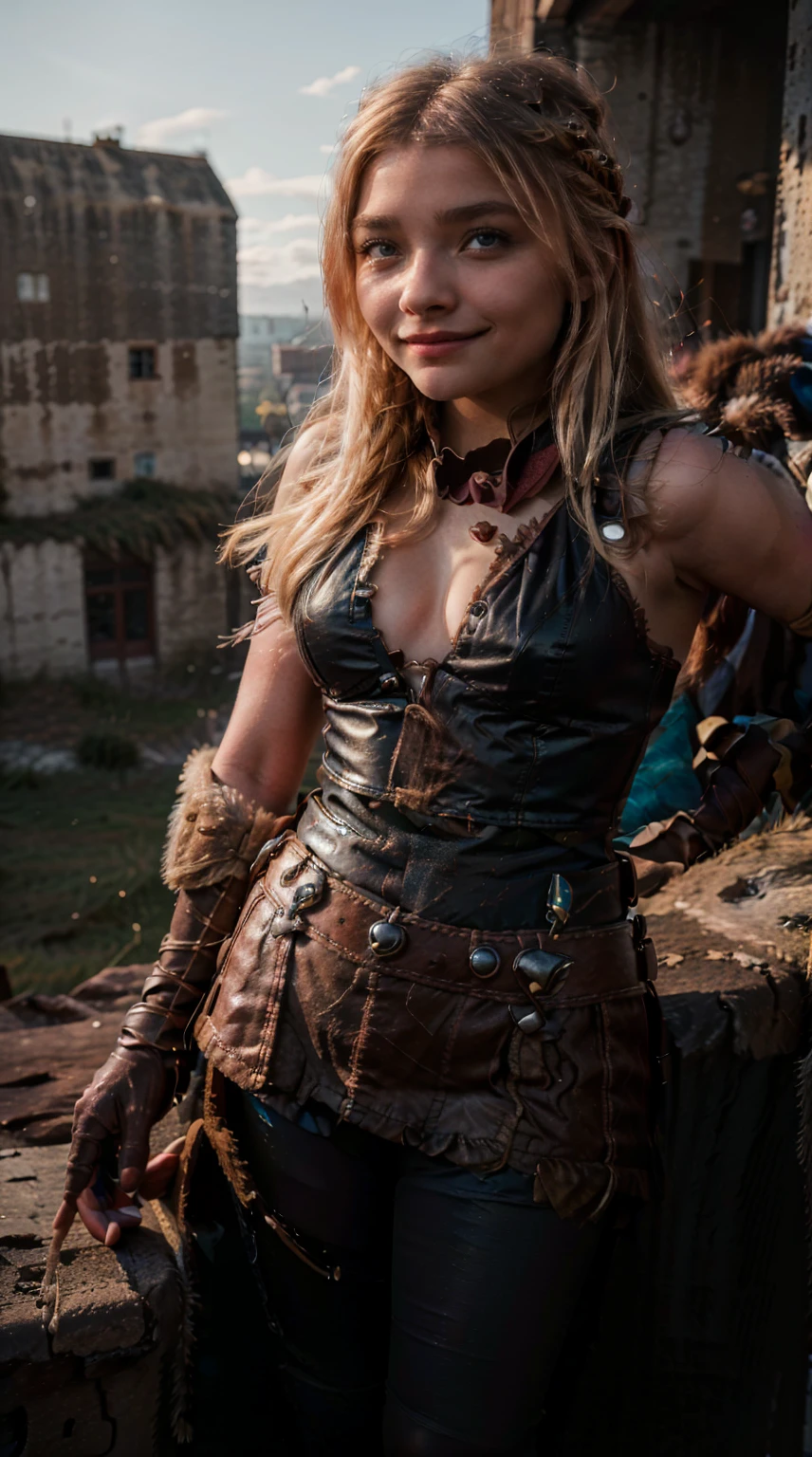 Masterpiece, Best quality,, (photorealistic1.4), (UHD), (epiCRealLife), (flashphoto), (blue eyes), (astrid_hofferson headband), (photorealistic1.4), (cleavage), (medium breasts), (red tank top) (Chloe Grace Moretz), (chl03gm), (Astrid Hofferson armor Costume), (astrid_Character outfit), (Astrid Armor) (AstridWaifu), ( (Medieval outdoor), (castle landscape), (night time), (on castle rooftop), , Chloe Grace Moretz smile