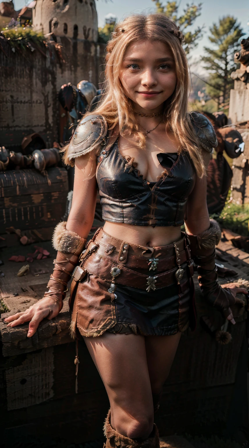 Masterpiece, Best quality,, (photorealistic1.4), (UHD), (epiCRealLife), (flashphoto), (blue eyes), (astrid_hofferson headband), (photorealistic1.4), (cleavage), (medium breasts), (red tank top) (Chloe Grace Moretz), (chl03gm), (Astrid Hofferson armor Costume), (astrid_Character outfit), (Astrid Armor) (AstridWaifu), ( (Medieval outdoor), (castle landscape), (night time), (on castle rooftop), , Chloe Grace Moretz smile
