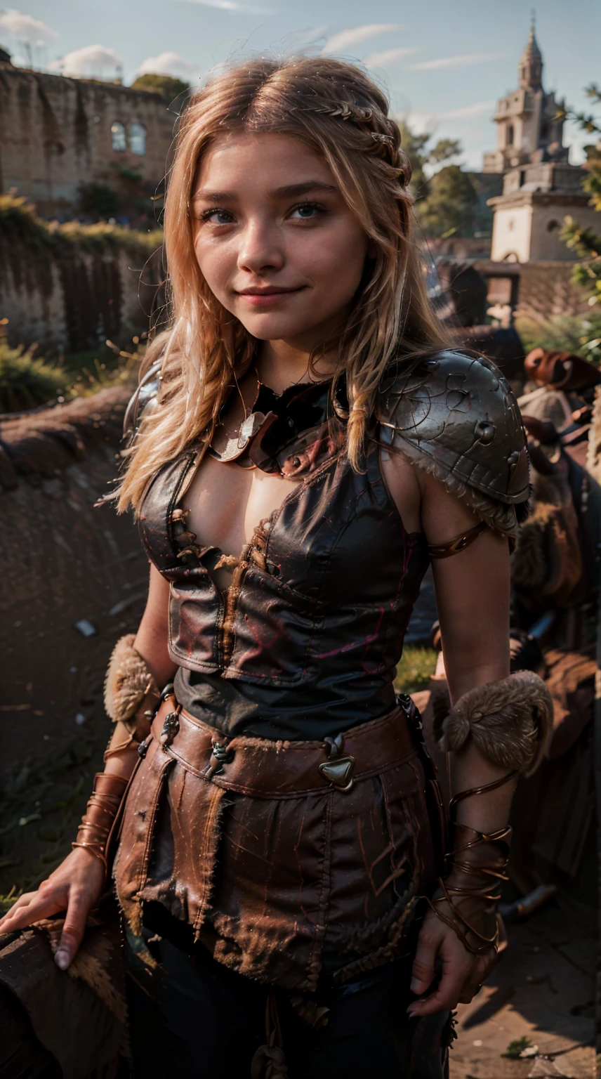 Masterpiece, Best quality,, (photorealistic1.4), (UHD), (epiCRealLife), (flashphoto), (blue eyes), (astrid_hofferson headband), (photorealistic1.4), (cleavage), (medium breasts), (red tank top) (Chloe Grace Moretz), (chl03gm), (Astrid Hofferson armor Costume), (astrid_Character outfit), (Astrid Armor) (AstridWaifu), ( (Medieval outdoor), (castle landscape), (night time), (on castle rooftop), , Chloe Grace Moretz smile