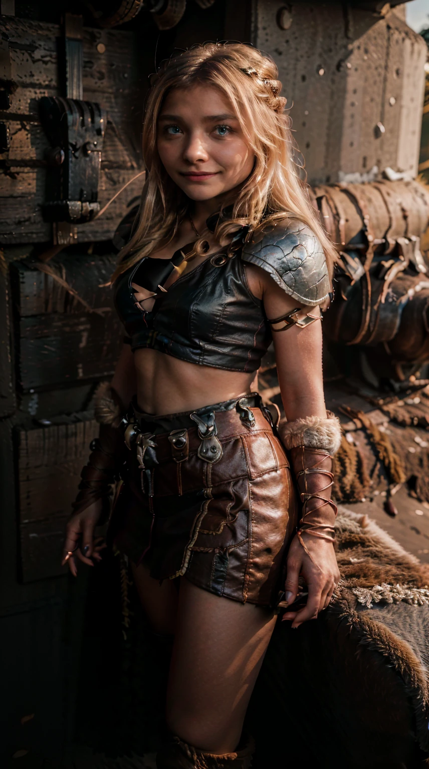 Masterpiece, Best quality,, (photorealistic1.4), (UHD), (epiCRealLife), (flashphoto), (blue eyes), (astrid_hofferson headband), (photorealistic1.4), (cleavage), (medium breasts), (red tank top) (Chloe Grace Moretz), (chl03gm), (Astrid Hofferson armor Costume), (astrid_Character outfit), (Astrid Armor) (AstridWaifu), ( (Medieval outdoor), (castle landscape), (night time), (on castle rooftop), , Chloe Grace Moretz smile