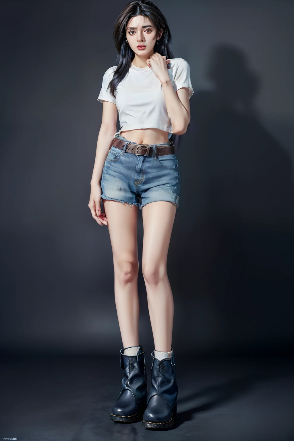 ((beauty eyebrows:1.4, large breast:1.4, beauty eyes:1.4,(((hand between legs:1.4))))),(((((tall:1.4,full body:1.4,standing:2)),((tight denim shorts:1.4, belt:1.4, leather ankle boots:1.4)),calf:1.4,ankle:1.4,knees together:1.4,sexy:1.4,(((((beauty face:1.4))))),belt:1.4,1girl:1.4,Mio Serizawa:1.4,blue long hair:1.2,tied shirt:1.2,earrings:1.2, navel:1.2))),((simple background:1.4)),(photo realist: 1.4), (hiper realist: 1.4), (realist: 1.3), (smoother lighting: 1.05), (Improve the quality of movie lighting: 0.9), 32K(increase the beauty of skin texture: 1.4, better quality, (beauty), (masterpiece:1.4), (Physically based rendering:1.4), (ultra high resolution:1.4), (best quality:1.4)