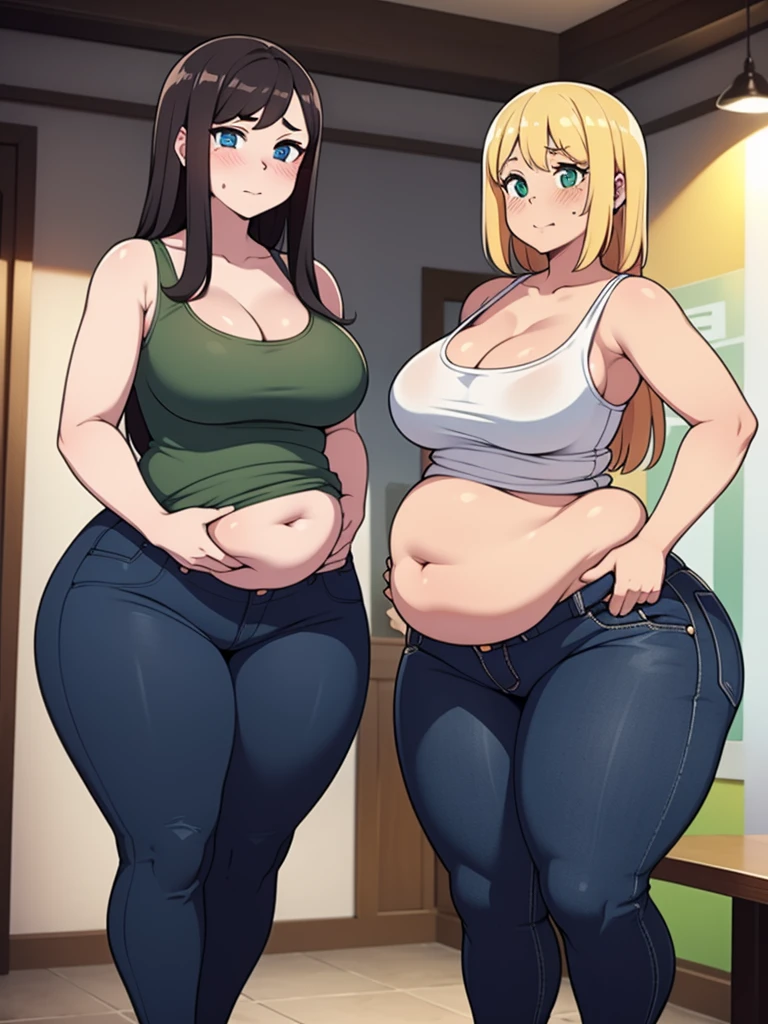 
((Masterpiece)), perfect , perfect shading, field of depth, (best quality), extremely delicate and beautiful, perfect lighting, detailed face, ultra cute face, cute, (2girls), 

long fluffy blonde hair, blue eyes, ((blush)), nervous, looking at viewer, tank top, jeans, cleavage, , ((thick thighs)), (wide ), chubby, 

short brown hair, green eyes, ((blush)), , ((thick thighs)), (wide ),

intricate background, detailed background, fast food restaurant, standing next to each other, belly grab
