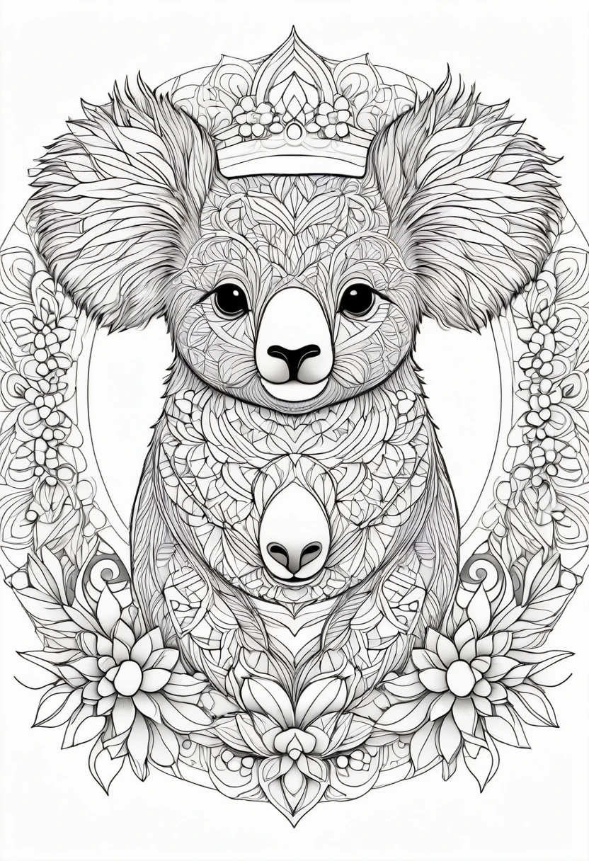 A striking black and white line art coloring page designed for adults with white background, featuring a majestic Koala in a mandala-inspired style. The Koala is adorned with intricate patterns that include floral and geometric designs, making it an engaging and detailed work of art. The illustration focuses on crisp, clean lines and bold outlines, without any shading or color, allowing the user to bring their own vibrancy to the piece. The minimalistic design, with its thick lines and absence of background details, creates a soothing coloring experience for adults seeking calming and creative activities. illustration