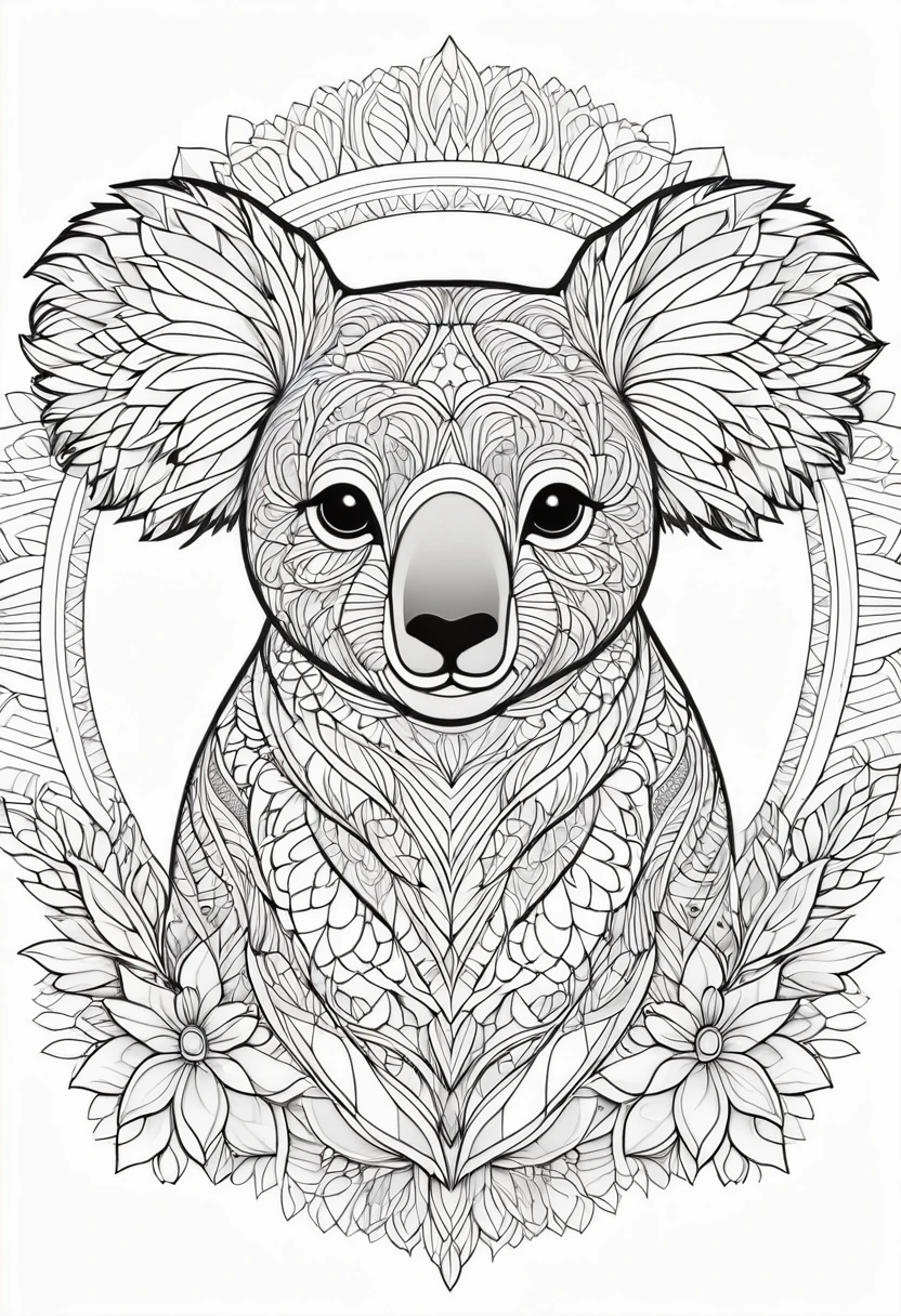 A striking black and white line art coloring page designed for adults with white background, featuring a majestic Koala in a mandala-inspired style. The Koala is adorned with intricate patterns that include floral and geometric designs, making it an engaging and detailed work of art. The illustration focuses on crisp, clean lines and bold outlines, without any shading or color, allowing the user to bring their own vibrancy to the piece. The minimalistic design, with its thick lines and absence of background details, creates a soothing coloring experience for adults seeking calming and creative activities. illustration