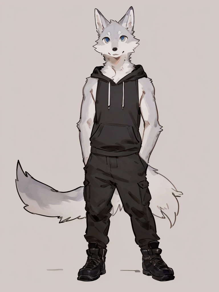((Best quality, masterpiece, detailed anatomy, detailed eyes, detailed hands, perfect lighting, perfect shading, no color, sketch line art)), by Buta99, by Bebebebebe, 1male, Wolf, furs, tight body, eyes, skinny chub body, young body, sleeveless hoodie, pants, boots, at the white background 