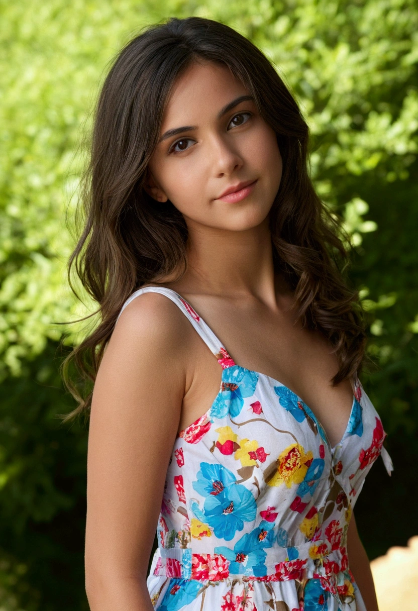 ((best quality)), ((masterpiece)), (detailed), I need an image of a sexy and innocent girl for my selling profiles that calls attention and brings new costumers, she has to be brunet with a mix of french and Spanish in a full body scale with a summer dress and outdoors, the picture has to be very persuasive but not too naked so women can buy in my profile