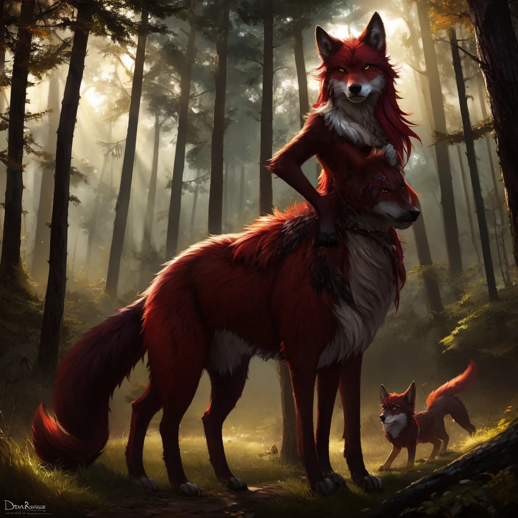 araffe with red hair and a furry tail in the woods, a digital painting by Daarken, cgsociety contest winner, furry art, very very beautiful furry art, dramatic cinematic detailed fur, furry fantasy art, loish and wlop, anthro art, furry wolf, pov furry art, furry art!!!, kemono, 🌺 cgsociety