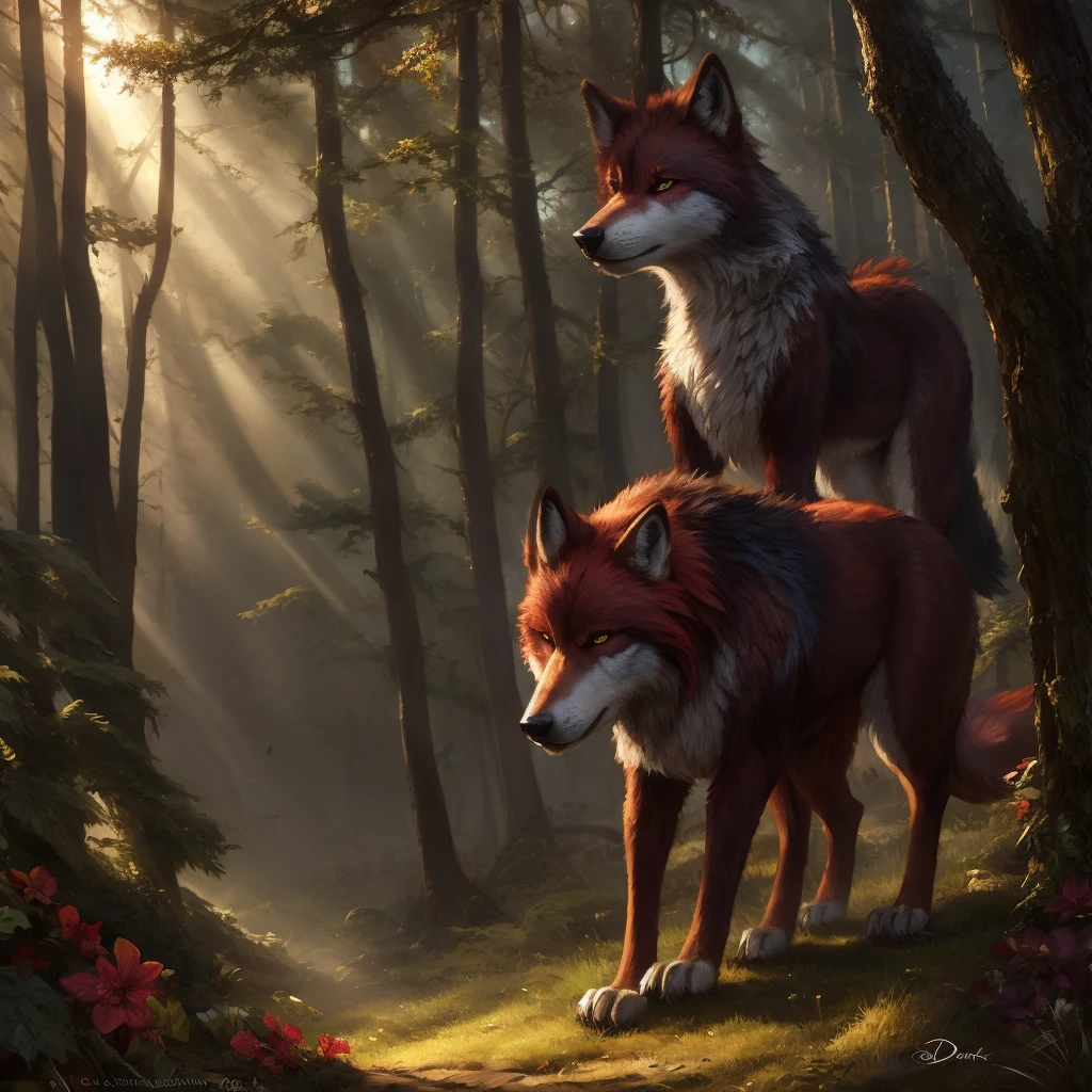 araffe with red hair and a furry tail in the woods, a digital painting by Daarken, cgsociety contest winner, furry art, very very beautiful furry art, dramatic cinematic detailed fur, furry fantasy art, loish and wlop, anthro art, furry wolf, pov furry art, furry art!!!, kemono, 🌺 cgsociety