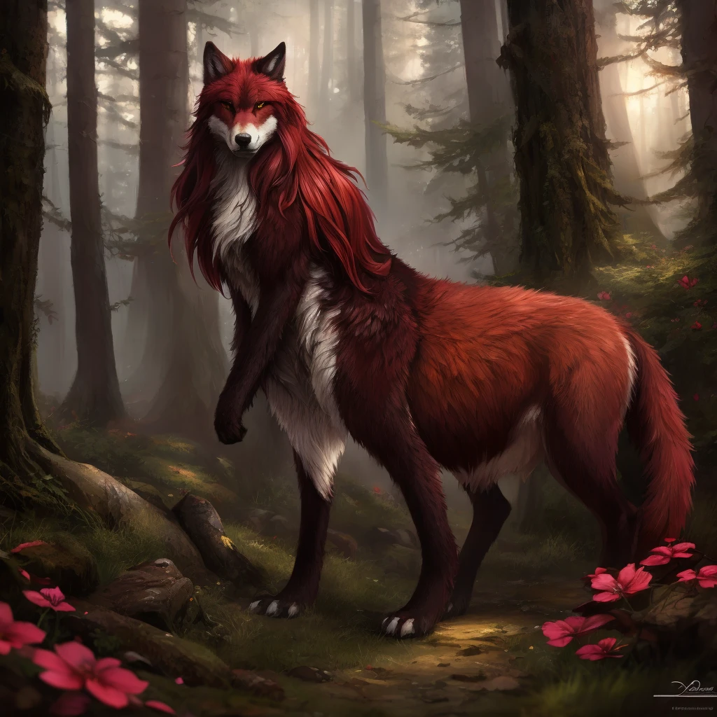 araffe with red hair and a furry tail in the woods, a digital painting by Daarken, cgsociety contest winner, furry art, very very beautiful furry art, dramatic cinematic detailed fur, furry fantasy art, loish and wlop, anthro art, furry wolf, pov furry art, furry art!!!, kemono, 🌺 cgsociety