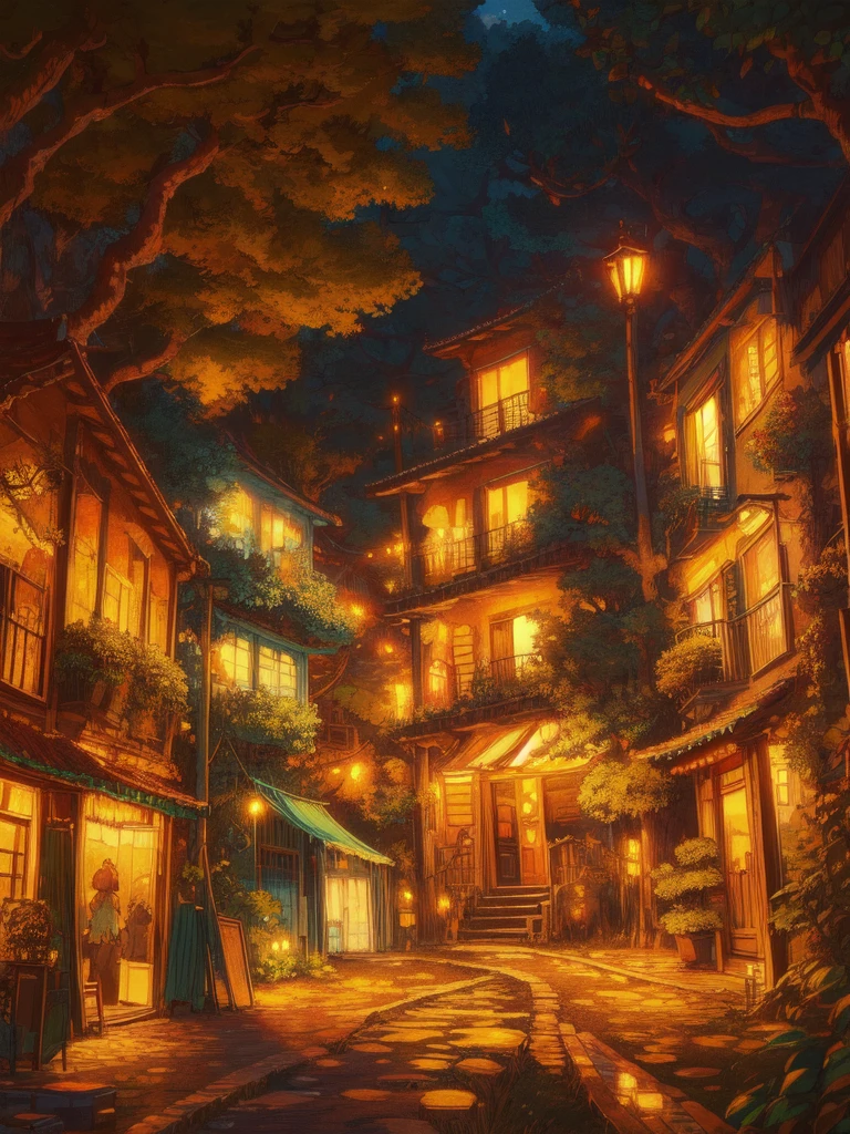 super wide perspective, string lights, hanging pots, ghibli anime scene, coffee shop in the woods, moody weather, leaves falling from tree, light bubble around street light, under a big banyan tree, street light, poles and wires, tropical leafy plant pots, menu board, sign board, long grass with wild flowers, in the middle of nowhere, vibrant color tones, ghibli style, no humans, scenery, masterpiece, high resolution