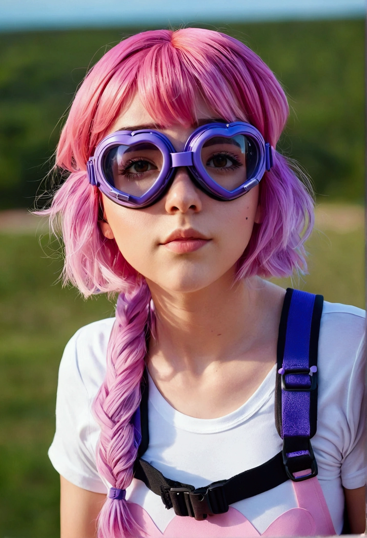  outdoors, cute, adorable, blush, heart, Ramona, pink hair, purple hair , multicolored hair, gradient hair, goggles, goggles on head,