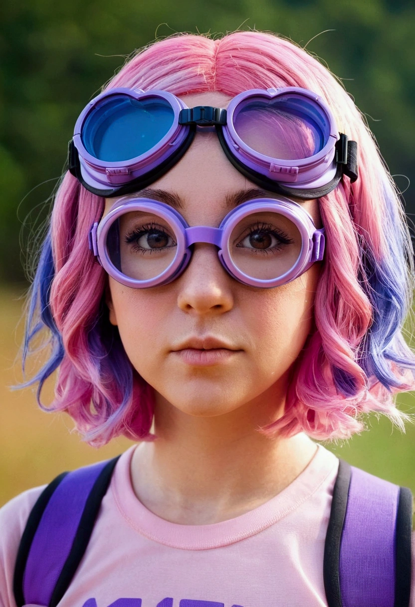 outdoors, cute, adorable, blush, heart, Ramona, pink hair, purple hair , multicolored hair, gradient hair, goggles, goggles on head,
