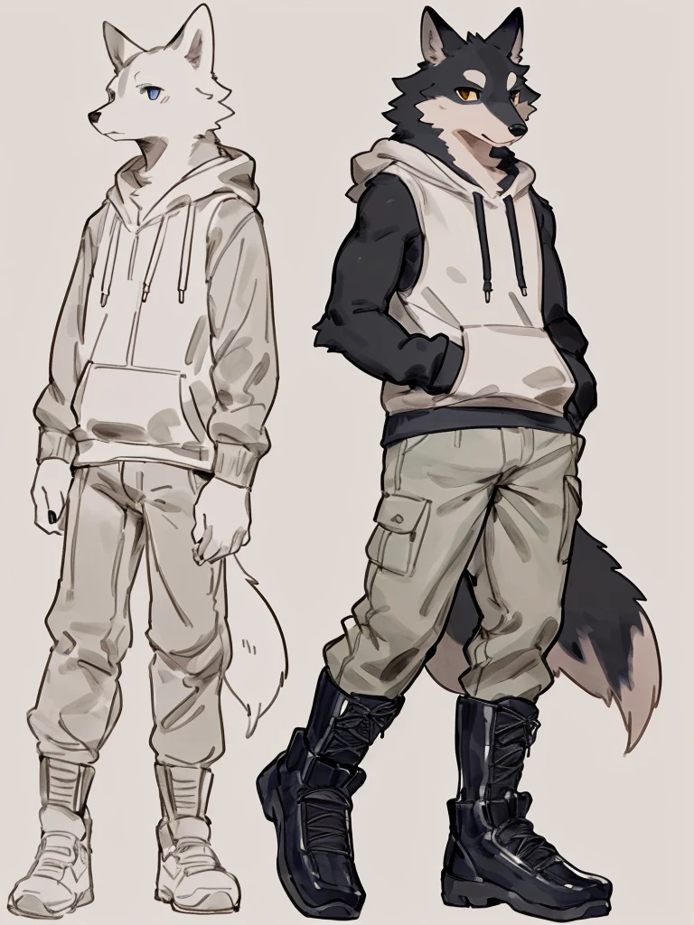 ((Best quality, masterpiece, detailed anatomy, detailed eyes, detailed hands, perfect lighting, perfect shading, no color, sketch line art)), by Buta99, by Bebebebebe, 1male, Wolf, furs, tight body, eyes, skinny chub body, young body, sleeveless hoodie, pants, boots, at the white background
