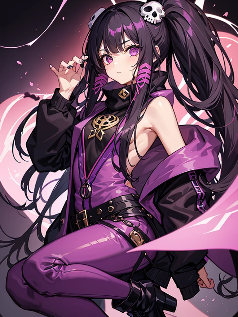 1girl, a girl, Her long dark hair, tied in a high ponytail with some dreadlocks and old jewelry, with a chickpea skull mask covering her face, a dark purple top jacket with pink tones, purple pants and boots. A charismatic villain