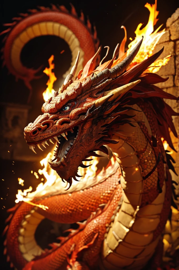 Dragon made of pure fire turned slightly to the right, made of pure fire, facing slightly to the right, close up, red dragon, dragon extremely close to the viewer, open mouth, Chinese Dragon,