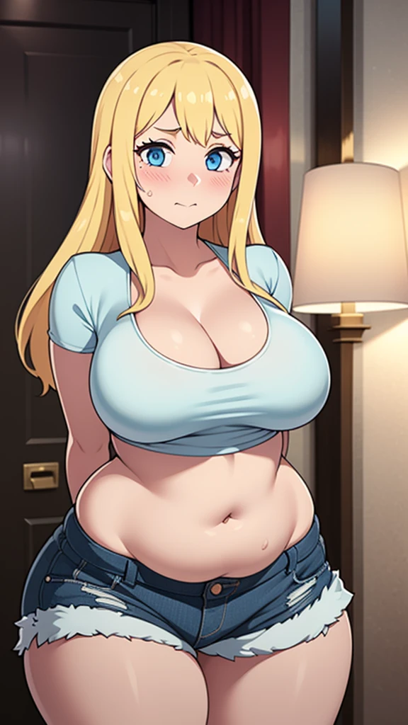 ((highres)), Masterpiece, high quality, best quality, beautiful, perfect lighting, detailed face, ultra cute face, cowboy shot, ((1girl)), ((solo)),
long hair, fluffy hair, blonde hair, blue eyes, ((blush)), embarrassed, nervous, shy, looking at viewer, arms behind back, crop top, shorts, thick thighs, (wide hips), (chubby), chubby belly, cleavage, ((large breasts)),
20 year old female, standing in a hotel lobby, (hotel lobby), daytime,