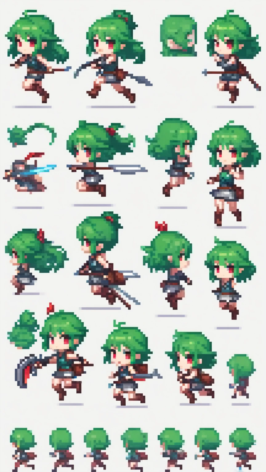 Create a sprite sheet of character animation with movement frames, running, Jumping, Gun Attack, Spear Attack, Bow Attack. but、Its character is、Carrying a small backpack、Green Hair、White skin、The girl with red eyes。