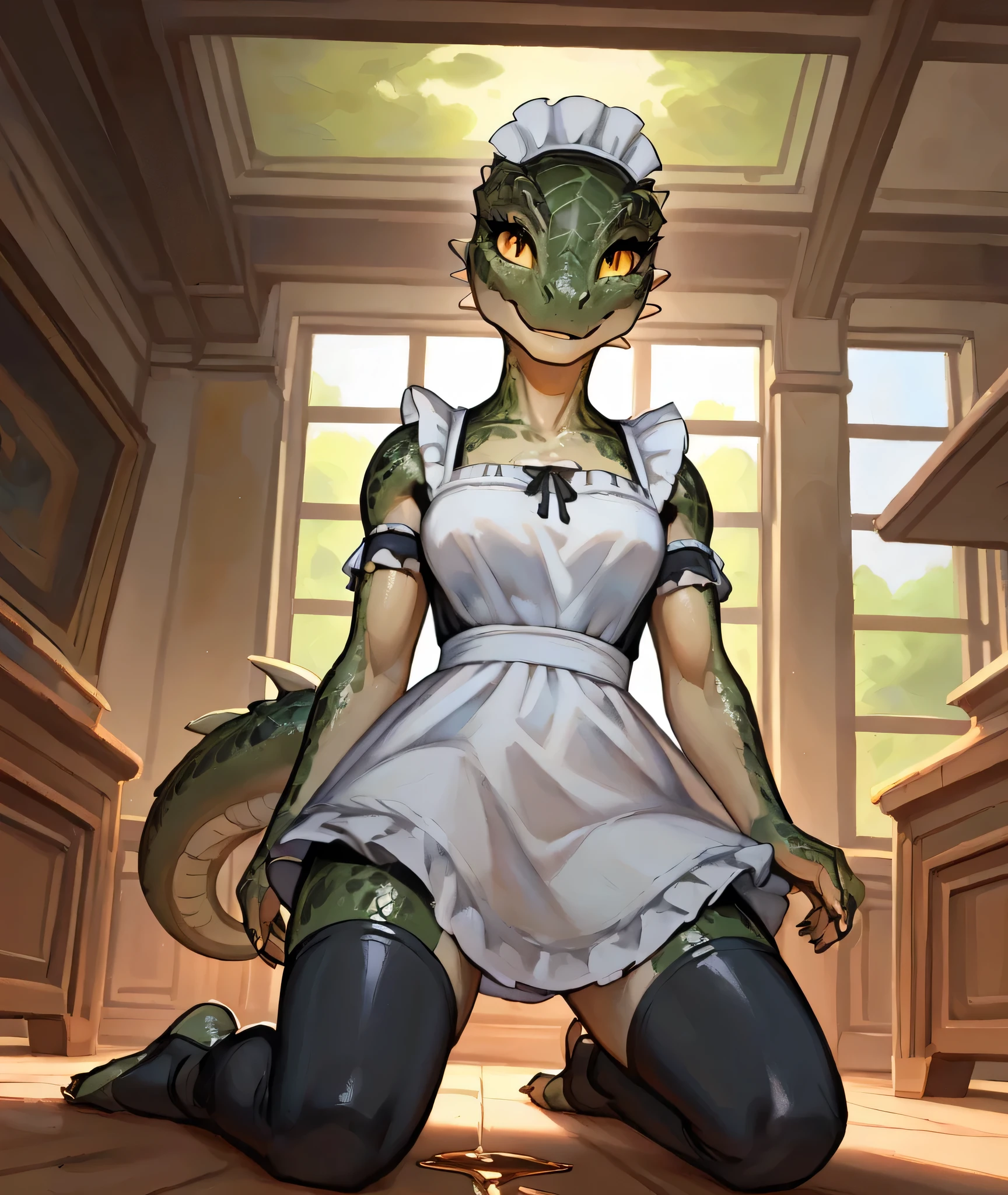 [Lusty argonian maid], ((masterpiece)), ((HD)), ((high res)), ((solo portrait)), ((low angle view)), ((feet visible)), ((beautiful oil painting)), ((detailed shading)), ((intricate details)), {(attractive argonian), (toned slim figure), (green scaly skin), (cute yellow eyes), (long eyelashes), (defined muscles), (curvy hips), (beautiful legs), (cute feet), (sharp toenails), (cute smile)}, (black and white maid dress), (black thigh-highs), (toeless stirrup socks)}, {(kneeling on floor), (hands on lap), (looking at viewer)}, [ambient lighting, elder scrolls, tavern, sun rays]