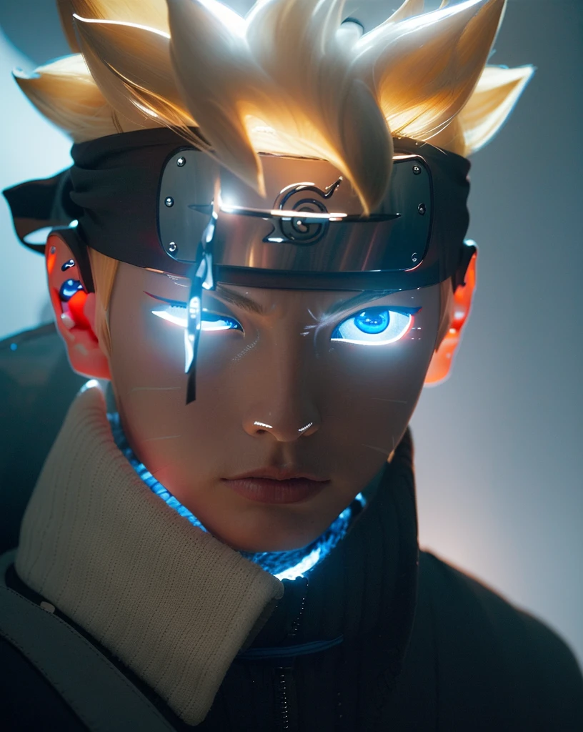 (dramatic, Grainy, intense:1.4),masterpiece, Highest quality, 8k, 非常識なdetailed, Intricate details, hyperdetailed, super high quality, High detail, ultra detailed, masterpiece,Upper Body, close,(Imide Shot,Macro photography:1.25),(blue eyes:1.5),(Blonde:1.2),One Man, Soft Light,  Delicate Light, Cyberpunk Style, Studio Lighting,Artistic Rendering Style,Bright colors, Full Body Shot,  detailed, Futuristic, Real,髪の毛のdetailed, Uzumaki bolt, detailedな目, detailedな鼻, Realistic,  ((Wearing a navy blue headband、The forehead protector is made of iron)),Lightning on background, ((The left eye is closed)), ((A vertical cut on the left eye)), (((Black collared outfit))),  