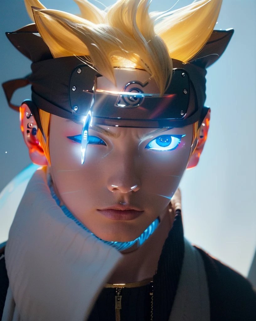 (dramatic, Grainy, intense:1.4),masterpiece, Highest quality, 8k, 非常識なdetailed, Intricate details, hyperdetailed, super high quality, High detail, ultra detailed, masterpiece,Upper Body, close,(Imide Shot,Macro photography:1.25),(blue eyes:1.5),(Blonde:1.2),One Man, Soft Light,  Delicate Light, Cyberpunk Style, Studio Lighting,Artistic Rendering Style,Bright colors, Full Body Shot,  detailed, Futuristic, Real,髪の毛のdetailed, Uzumaki bolt, detailedな目, detailedな鼻, Realistic,  ((Wearing a navy blue headband、The forehead protector is made of iron)),Lightning on background, ((The left eye is closed)), ((A vertical cut on the left eye)), (((Black collared outfit))),  
