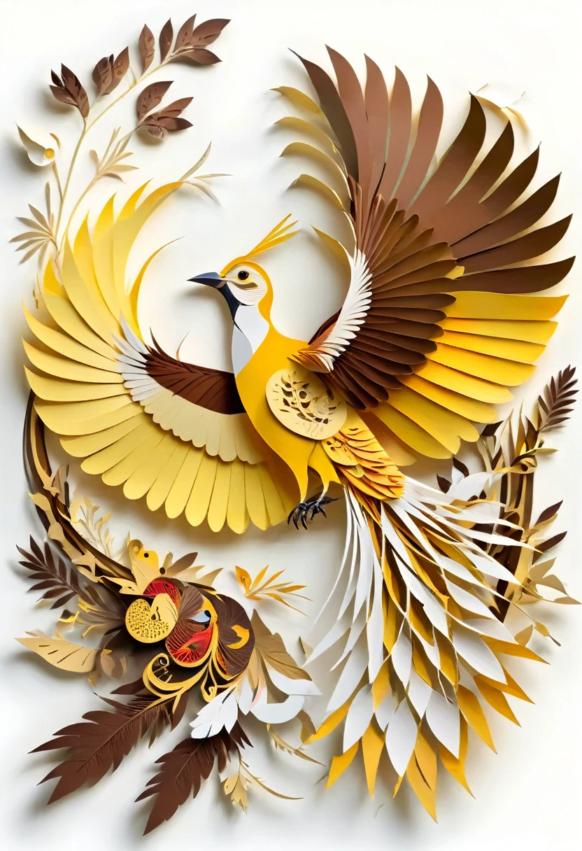 paper cuttings art, cendrawasih bird, gold body color, yellow chest, brown wings colors, west papua native bird, single bird, long furry tail, white background, (Flat paper cutout，paper art，layered paper artpaper, digital art), pure white background, vector illustration, papercut style, high quality image