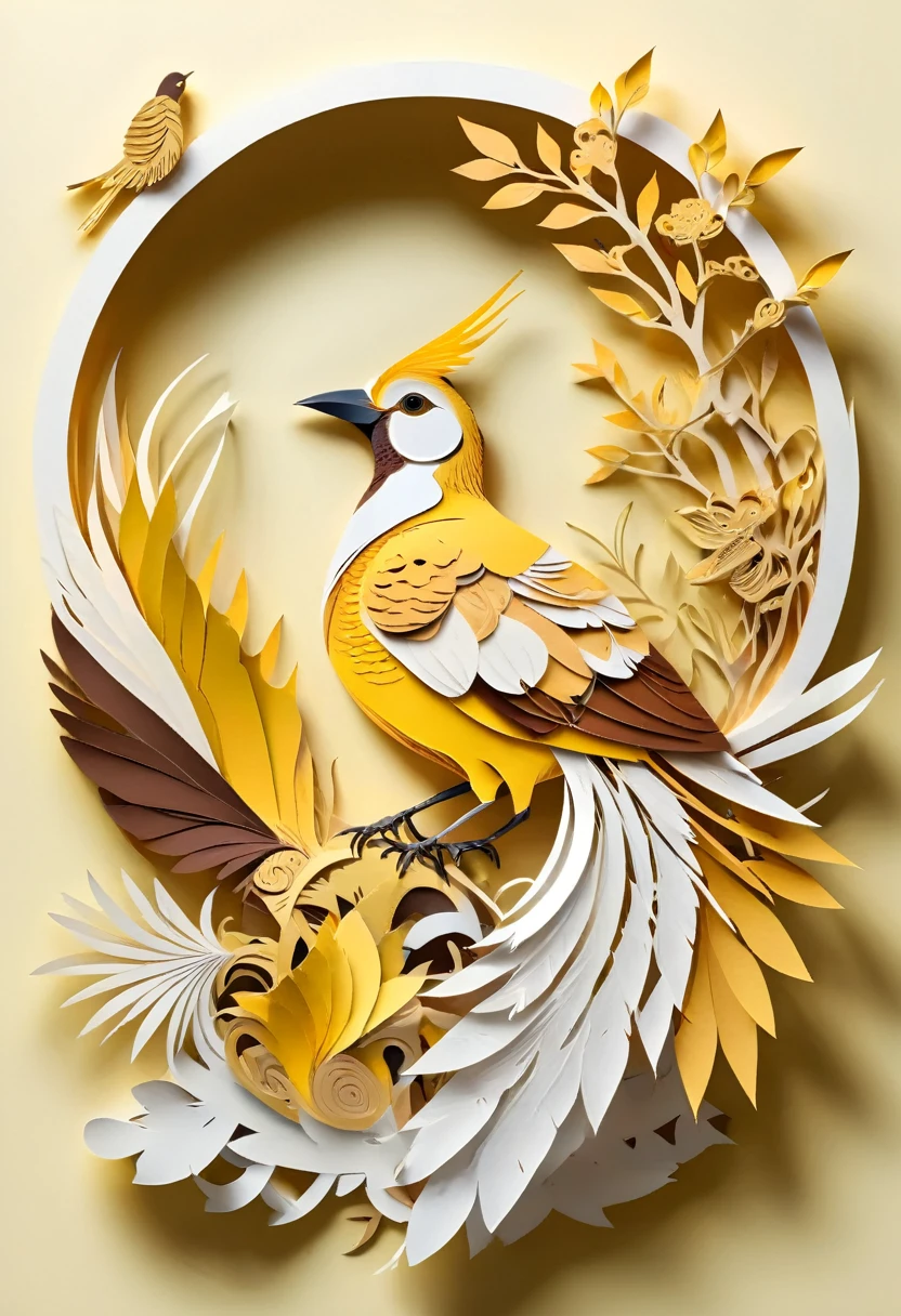 paper cuttings art, cendrawasih bird, gold body color, yellow chest, brown wings colors, west papua native bird, single bird, long furry tail, white background, (Flat paper cutout,paper art,layered paper artpaper, digital art), pure white background, vector illustration, papercut style, high quality image