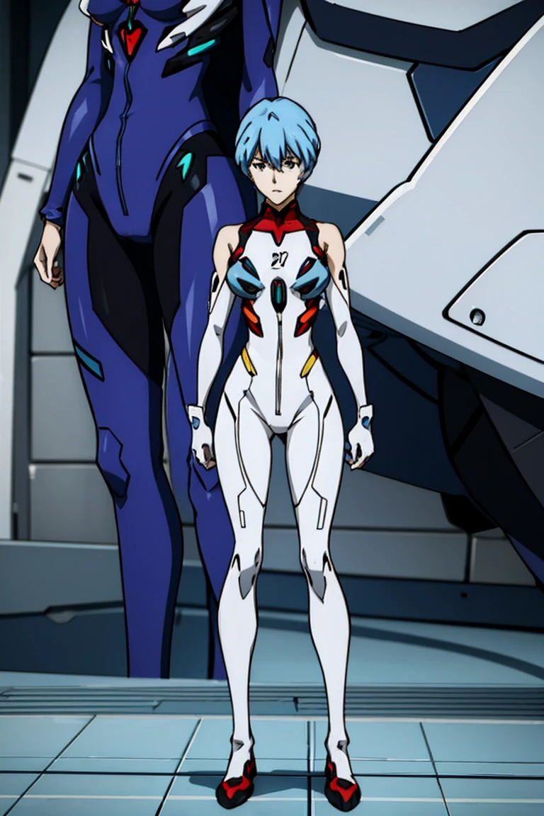 Ayanami is wearing a plug suit which is a skintight and revealing blue and lavender full body outfit, standing in front of an Eva unit, anime style, realistic, close-up view