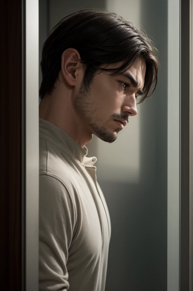 Draw a cinematic close-up of a contemplative man looking out of a window with a thoughtful expression. The background should be soft, showing a wide and inspiring horizon through the window. The details should be clear, with lighting that accentuates his introspective mood.