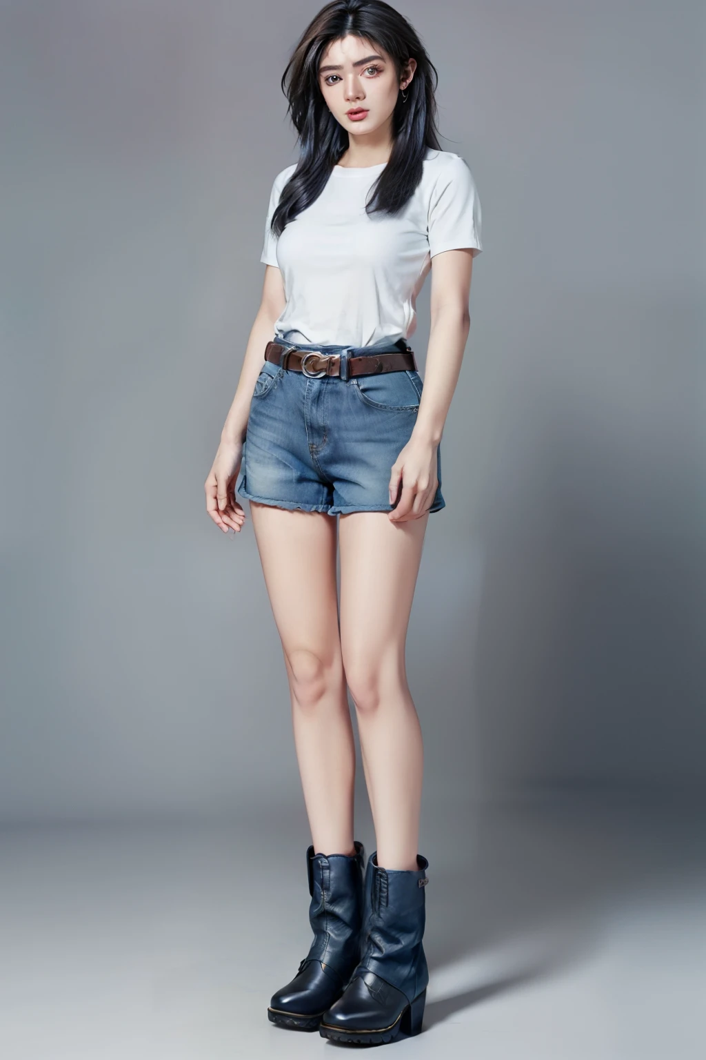 ((beauty eyebrows:1.4, large breast:1.4, beauty eyes:1.4,(((hand between legs:1.4))))),(((((tall:1.4,full body:1.4,standing:2)),((tight denim shorts:1.4, belt:1.4, leather ankle boots:1.4)),calf:1.4,ankle:1.4,knees together:1.4,sexy:1.4,(((((beauty face:1.4))))),belt:1.4,1girl:1.4,Mio Serizawa:1.4,blue long hair:1.2,tied shirt:1.2,earrings:1.2, navel:1.2))),((simple background:1.4)),(photo realist: 1.4), (hiper realist: 1.4), (realist: 1.3), (smoother lighting: 1.05), (Improve the quality of movie lighting: 0.9), 32K(increase the beauty of skin texture: 1.4, better quality, (beauty), (masterpiece:1.4), (Physically based rendering:1.4), (ultra high resolution:1.4), (best quality:1.4)