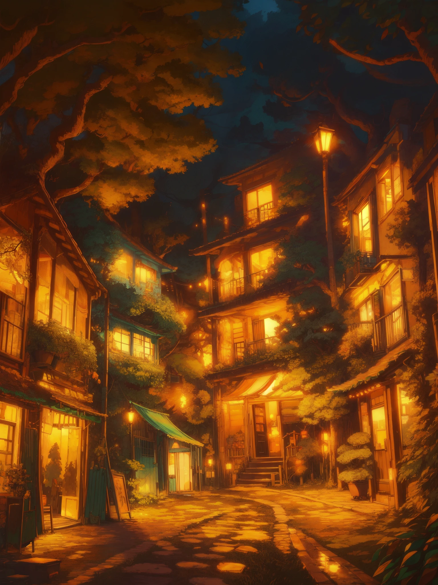 super wide perspective, string lights, hanging pots, ghibli anime scene, coffee shop in the woods, moody weather, leaves falling from tree, light bubble around street light, under a big banyan tree, street light, poles and wires, tropical leafy plant pots, menu board, sign board, long grass with wild flowers, in the middle of nowhere, vibrant color tones, ghibli style, no humans, scenery, masterpiece, high resolution