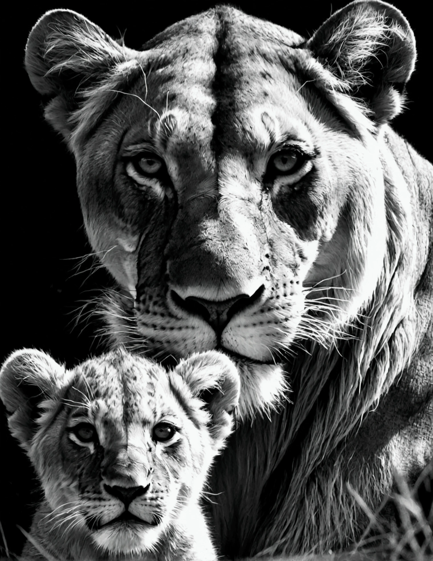 drawing of lioness and cub in black and white