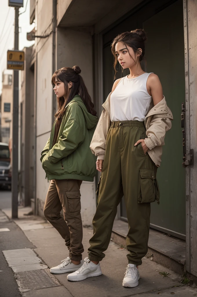 ((best quality)), ((masterpiece)), (detaile), A girl with brown hair that reaches just above her shoulders | brown eyes with almond shapes, She is Latina and has tanned skin | his clothes are typical of clothes worn by young people in dystopian universes, a dirty and slightly torn jacket; a pair of green cargo pants too suha| She wears half of her hair in a low bun and the other large half is loose at the back of her neck.. She is tired, with a neutral expression looking towards something like fire. She's in a helicopter and it's very windy.