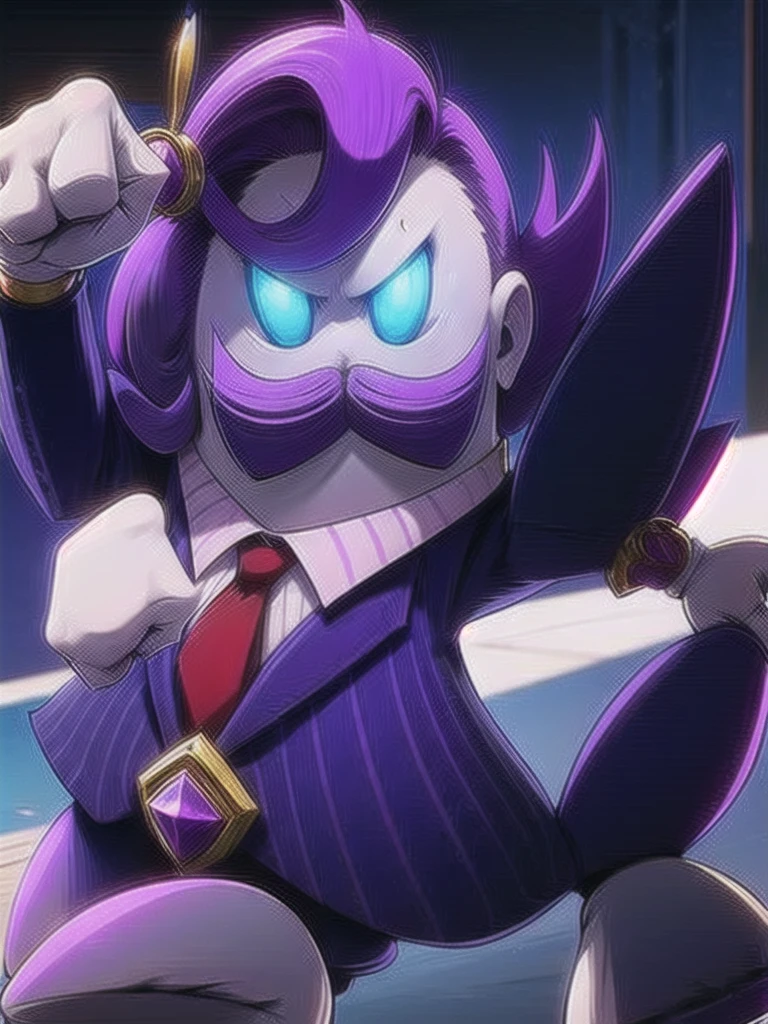  haltmann, purple hair, purple mustache, arms, wearing a dark blue suit with pink vertical lining, pink shirt, red tie, black shoes, gold suit button with a red diamond, pale purple gloves, pink cuffs, pale purple skin, blue eyes, golden earpiece with antenna