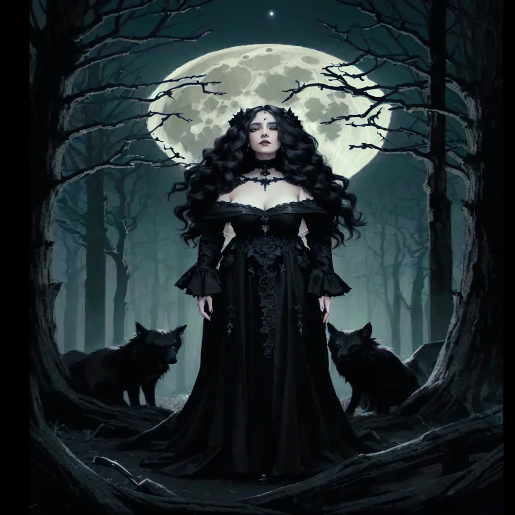 a woman in a black dress standing in front of a full moon, dark fantasy style art, gothic fantasy art, gothic maiden of the dark, in style of dark fantasy art, gothic maiden, dark fantasy art, hecate, gothic art style, hecate goddess, fantasy dark art, gothic art, dark fantasy horror art, gothic maiden anime girl, gothic wraith maiden