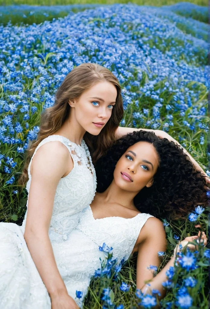 1 beautiful biracial women with blue eyes with 1 beautiful white woman in dress, lay in a field of blue flowers