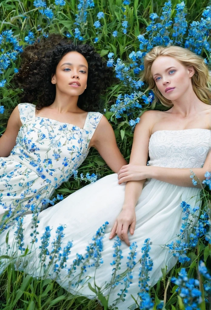 1 beautiful biracial women with blue eyes with 1 beautiful white woman in dress, lay in a field of blue flowers