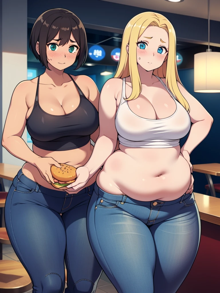 ((Masterpiece)), perfect anatomy, perfect shading, field of depth, (best quality), extremely delicate and beautiful, perfect lighting, detailed face, ultra cute face, cute, (2girls),
long fluffy blonde hair, blue eyes, ((blush)), nervous, looking at viewer, tank top, jeans, , medium breasts,k thighs)), (wide hips), chubby,
short brown hair, green eyes, ((blush)), medium breasts, ((thics)), (wide hips),
intricate background, detailed background, fast food restaurant, standing next to each other, belly grab
